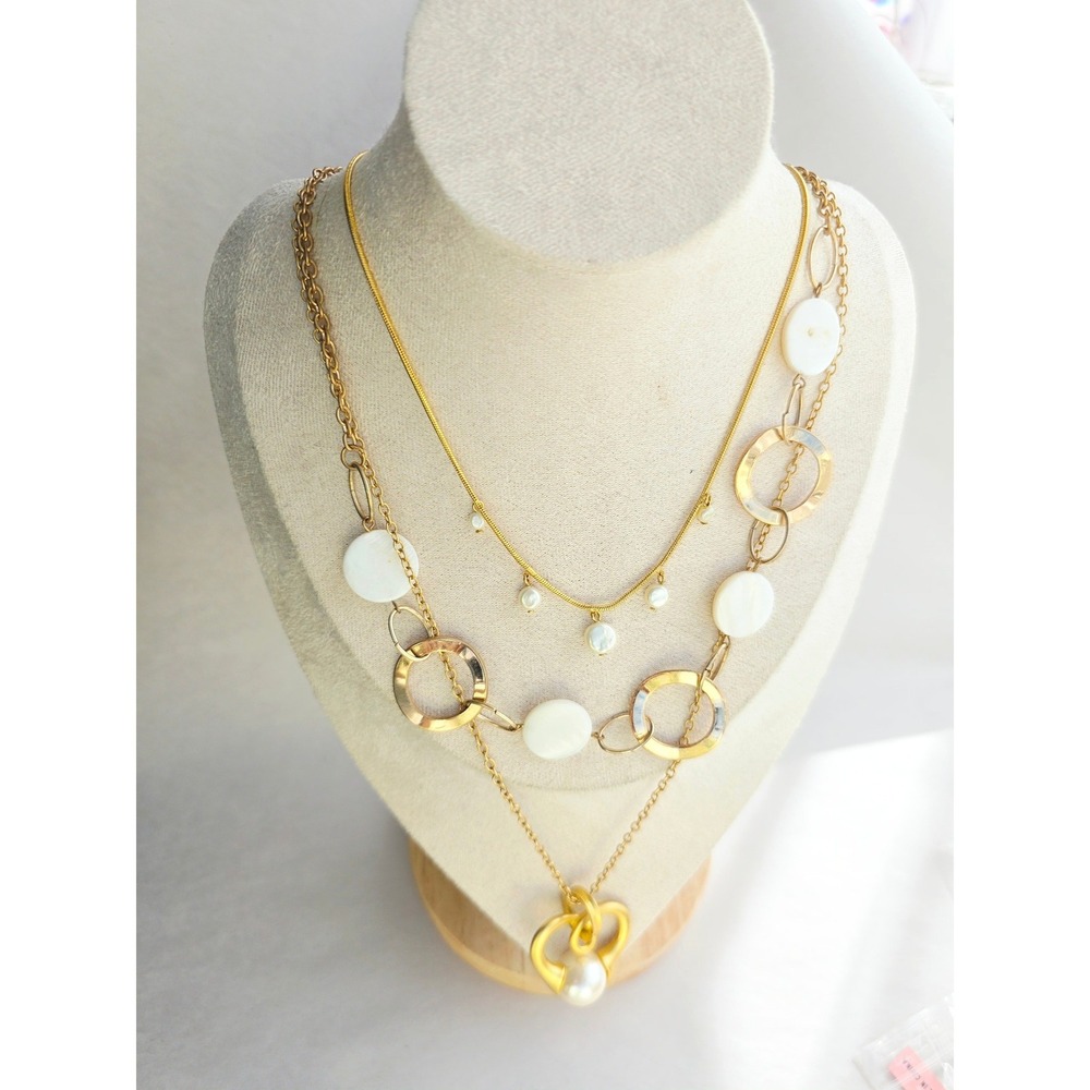 Gold Tone 3 Necklace Set Pearl Heart Pendant White Disc mother of pearl Boho